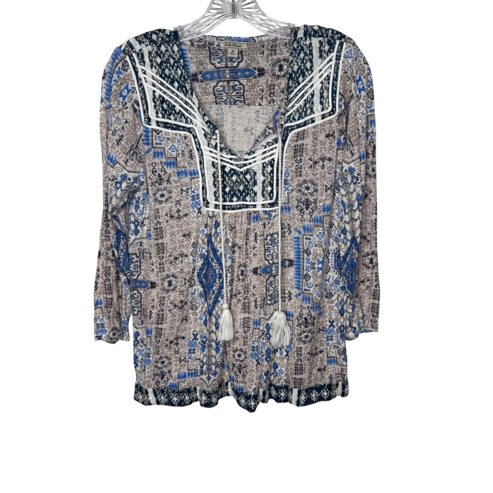 Lucky Brand Bohemian Top M‎ Blue Tan White Print Tassels Festival